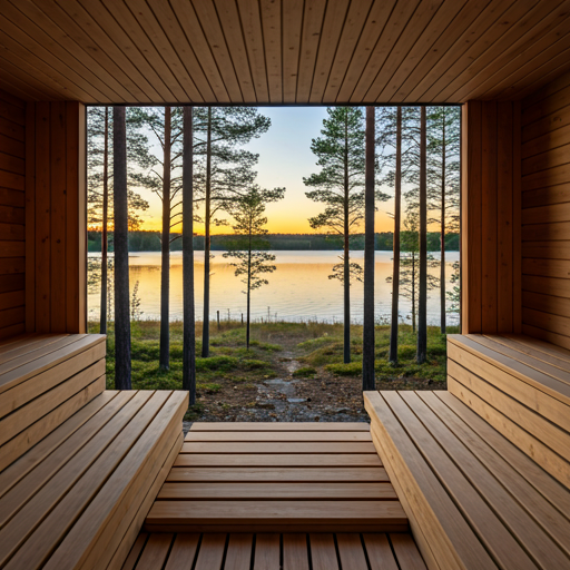 Panoramatický výhled z moderní dřevěné sauny na klidné jezero a les při západu slunce