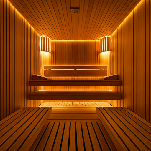 Interiér dřevěné sauny s teplým osvětlením